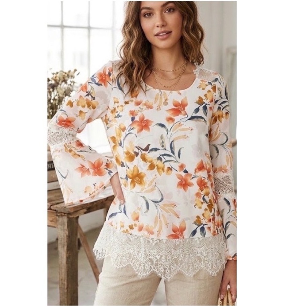 NY Collection Womens Floral‎ Chiffon Blouse Ivory Orange Lace Bell Sleeve Small